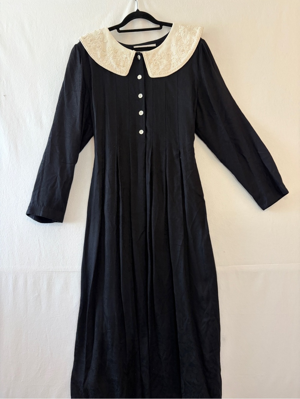 Sarah Elizabeth Black Long-Sleeve Dress with Ivory Embroidered Peter Pan Collar